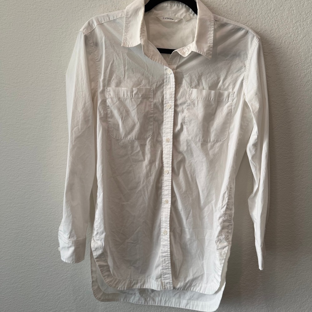 Athleta Womens White Long Sleeve Button Down Shirt Side Ruched Pockets Small